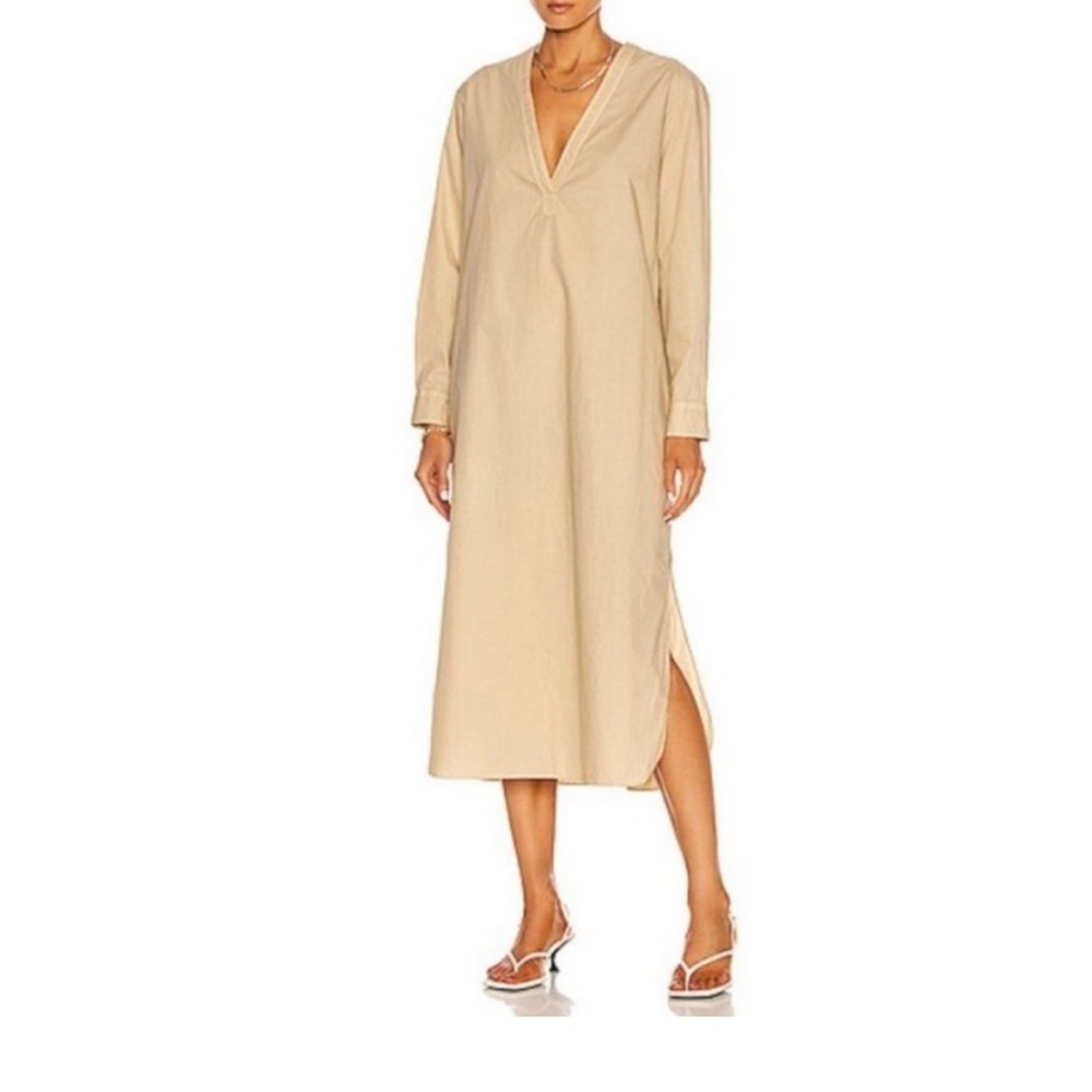 Nili Lotan ‘Raven’ Cotton Poplin Tunic Caftan Maxi Dress in Sand Sz Small